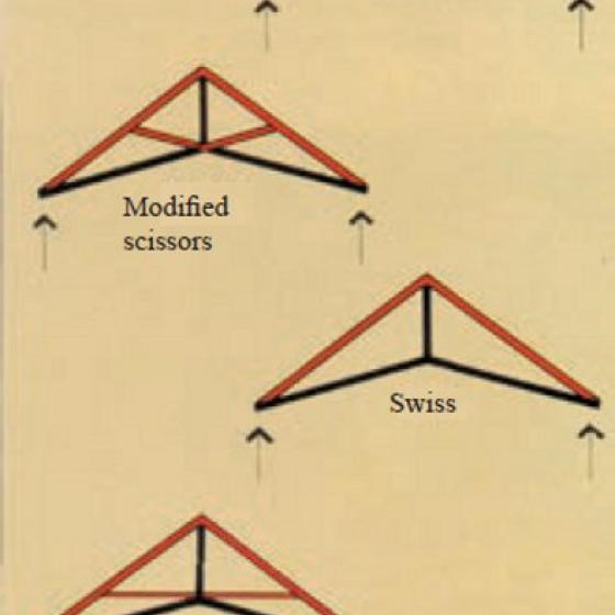 Pitched trusses with raised lower chords