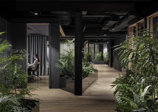 a room with plants and a woman sitting at a desk