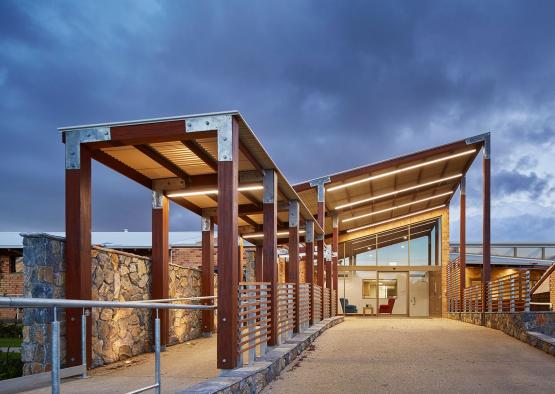 a building with a covered walkway