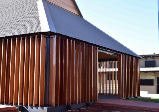 a building with wood slats