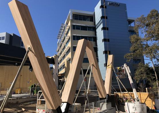 a large wooden beams in front of a building