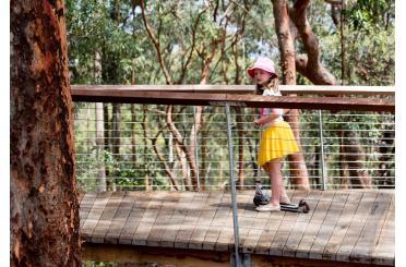 a girl standing on a wooden bridge with a scooter