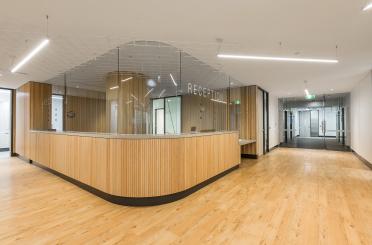 a reception desk in a building