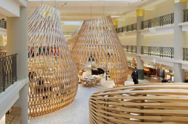 a group of wooden objects in a building